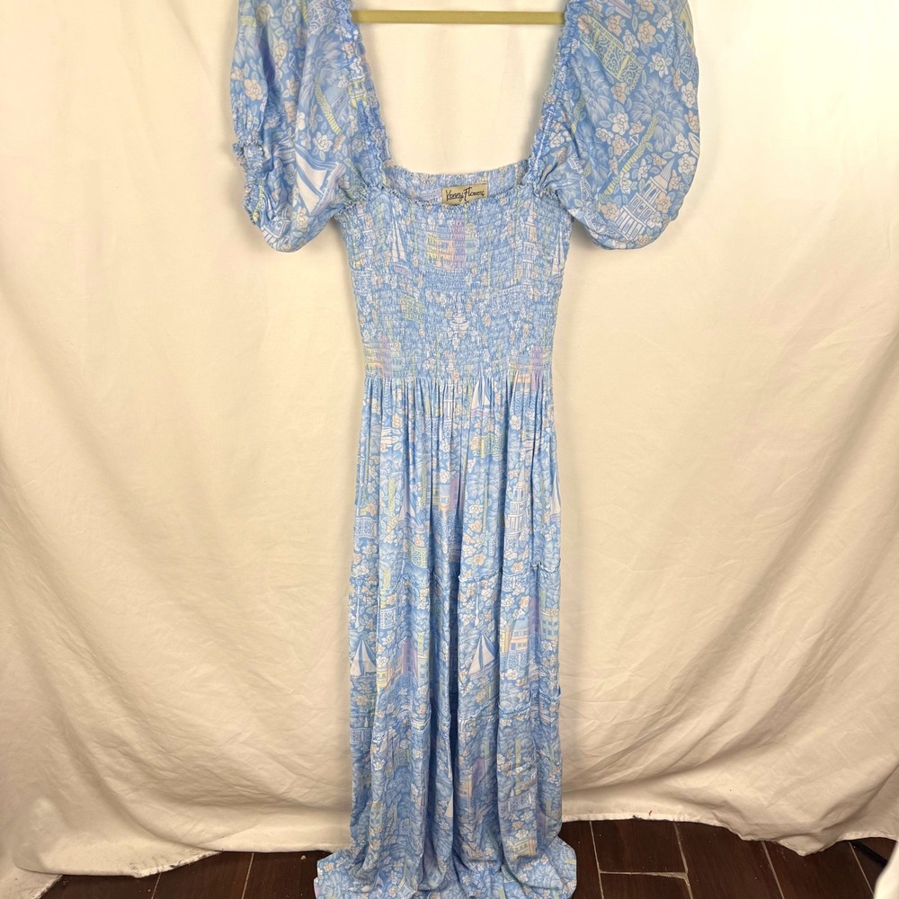 Kenny Flowers Smocked Puff Sleeve Maxi Resort Dress Large Sailboat Floral Print